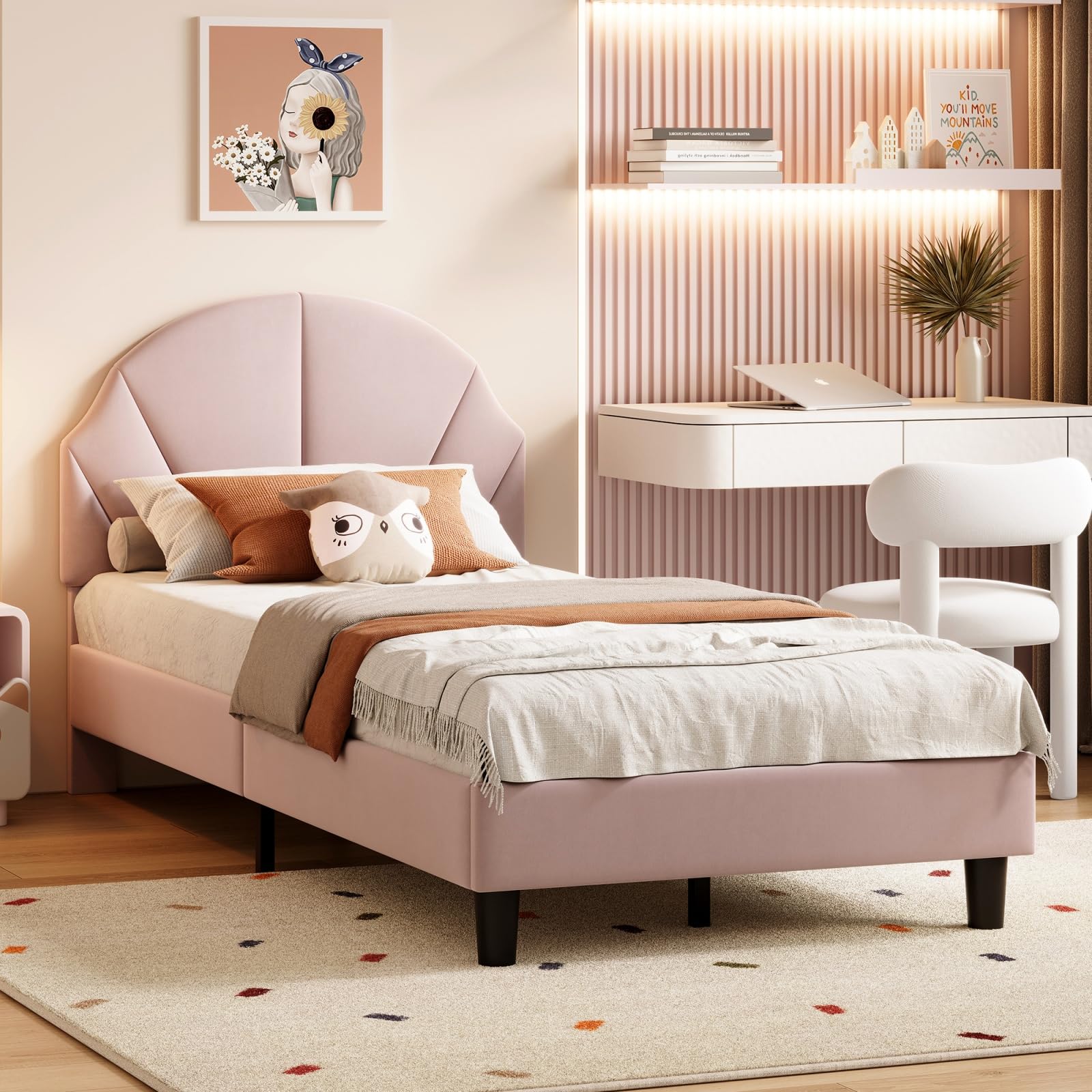 belupai Pink Princess Bed Frame,Crown Cloud Shaped Upholstered Headboard with RGB LED,Height Adjustable,Velvet Girls Bed,Children's Bed Youth Single Bed with Wood Slatted Frame (Light pink, 90x190cm) โ image 1