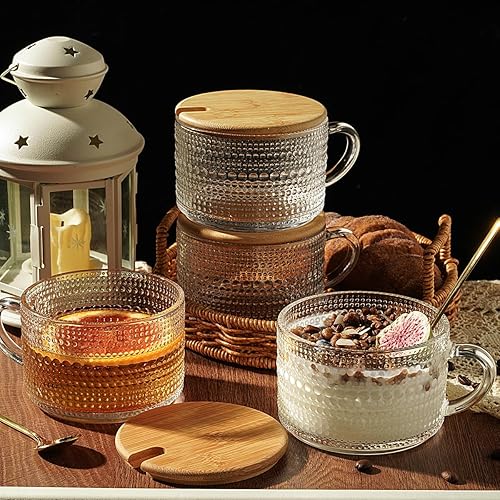 Miniatura 6 de Today's Present Juego de 4 tazas de café de vidrio vintage, recipientes de avena con tapas y cucharas de bambú, tazas de vidrio transparente en