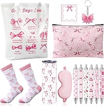 Sieral 14 Pcs Coquette Pink Bow Gift Set for Women Include Pink Bow Tote Bag 20oz Stainless Steel Cup Socks Gel Ink Pens Sticky Keychain Eye Mask for Gifts