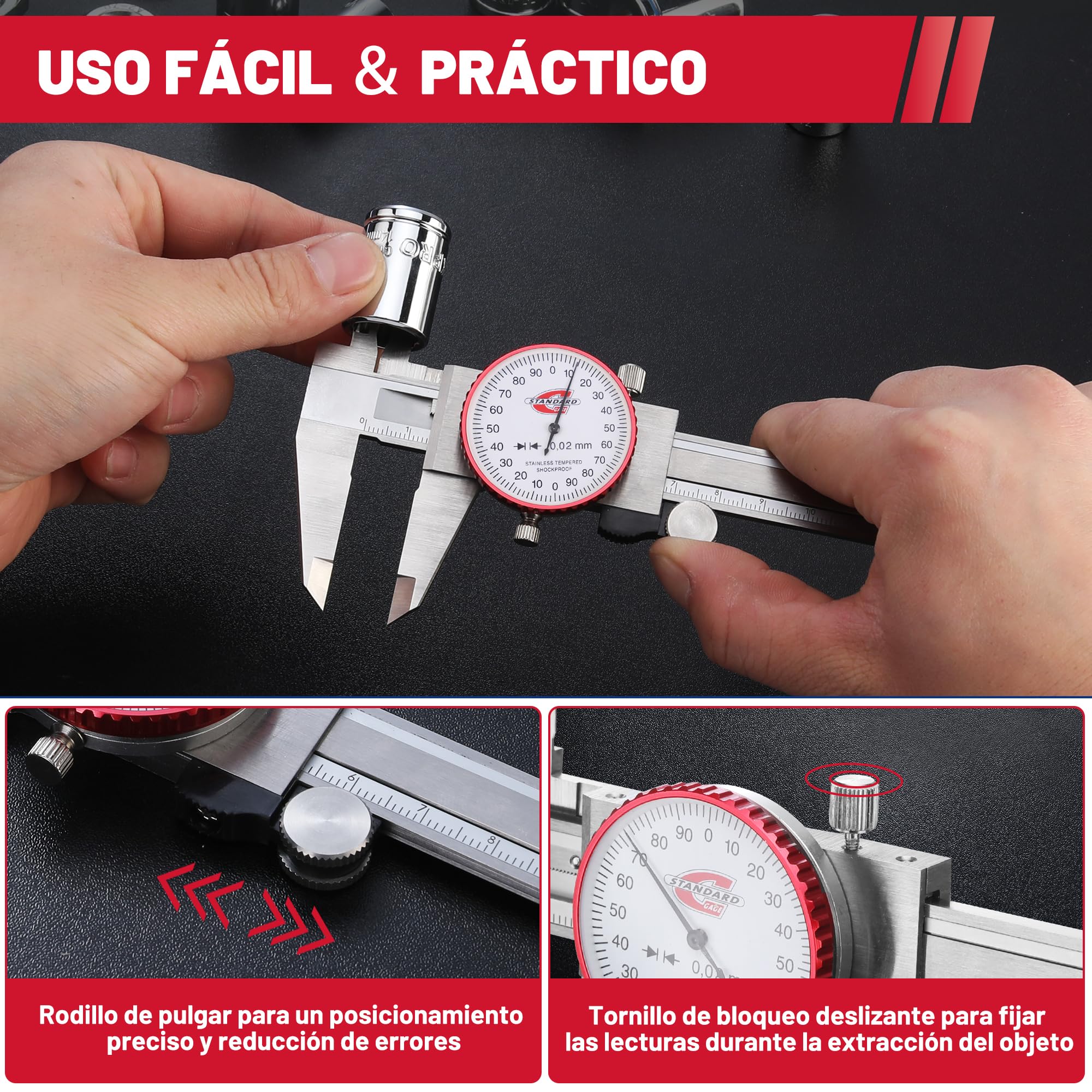 Calibres con Dial, Calibrador con Reloj 150mm, Calibrador Métrico con Reloj, Lectura 0,02 mm, Medidor de Precisión de 4 Formas de Medición, Herramienta de Medición, DIY