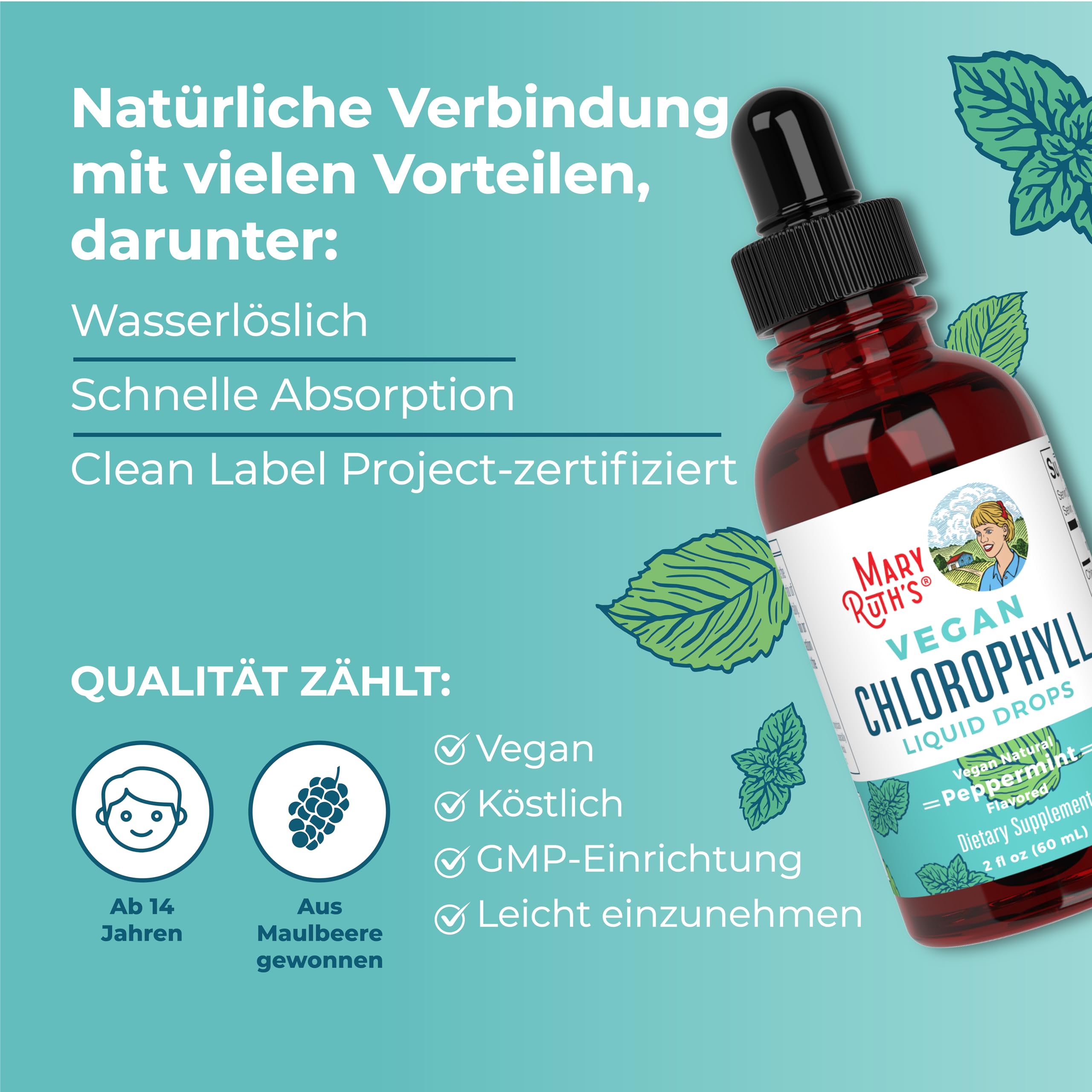 MaryRuth's, Chlorophyll Drops, 60ml, 50mg Chlorophyll je Dosis, Pfefferminzgeschmack, Vegan, Glutenfrei, Sojafrei, GMO frei