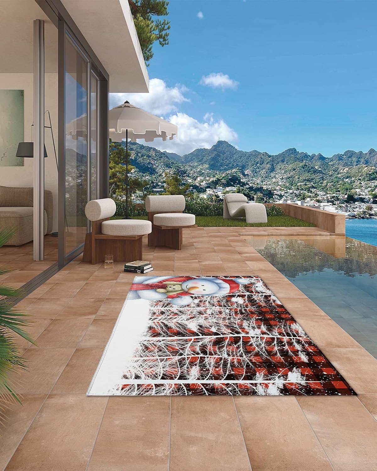 Outdoor Rug, Christmas Snowman Tree Scarf Hat Winter Snow Red and Black Checkered Absorbant Non-Slip Area Rugs Mat Carpet for Patio Balcony Porch Backyard Deck Rv Camping 5x8 ft