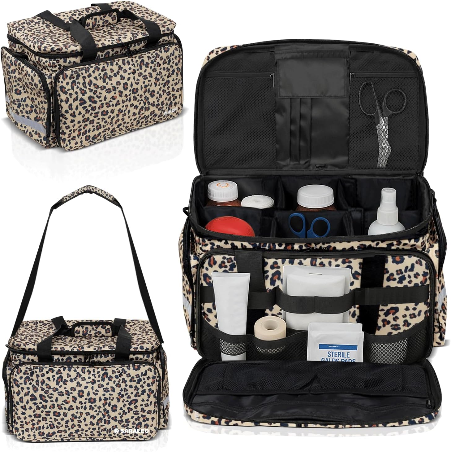 SARALEO Leopard Medical Bag Organizer Empty – Medical Supply Bag for EMS, Nurses, Clinics & Home Health | Adjustable Dividers, Water-Resistant 600D, Reflective Safety Strips, 15.7 inches