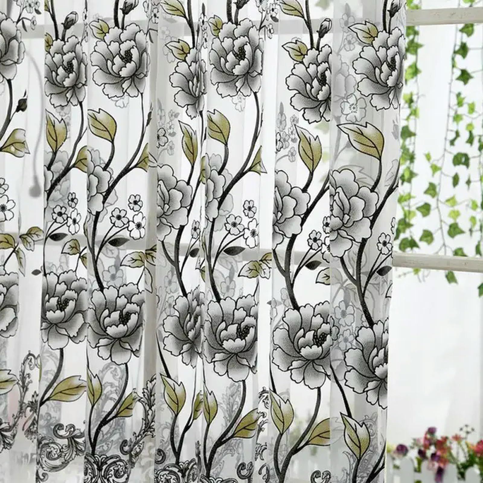 GOPEO 1pcs Peony Tulle Curtains For Kitchen Door Window Living Room Bedroom Jacquard Sheer Voile Yarn Curtains 100 * 200CM