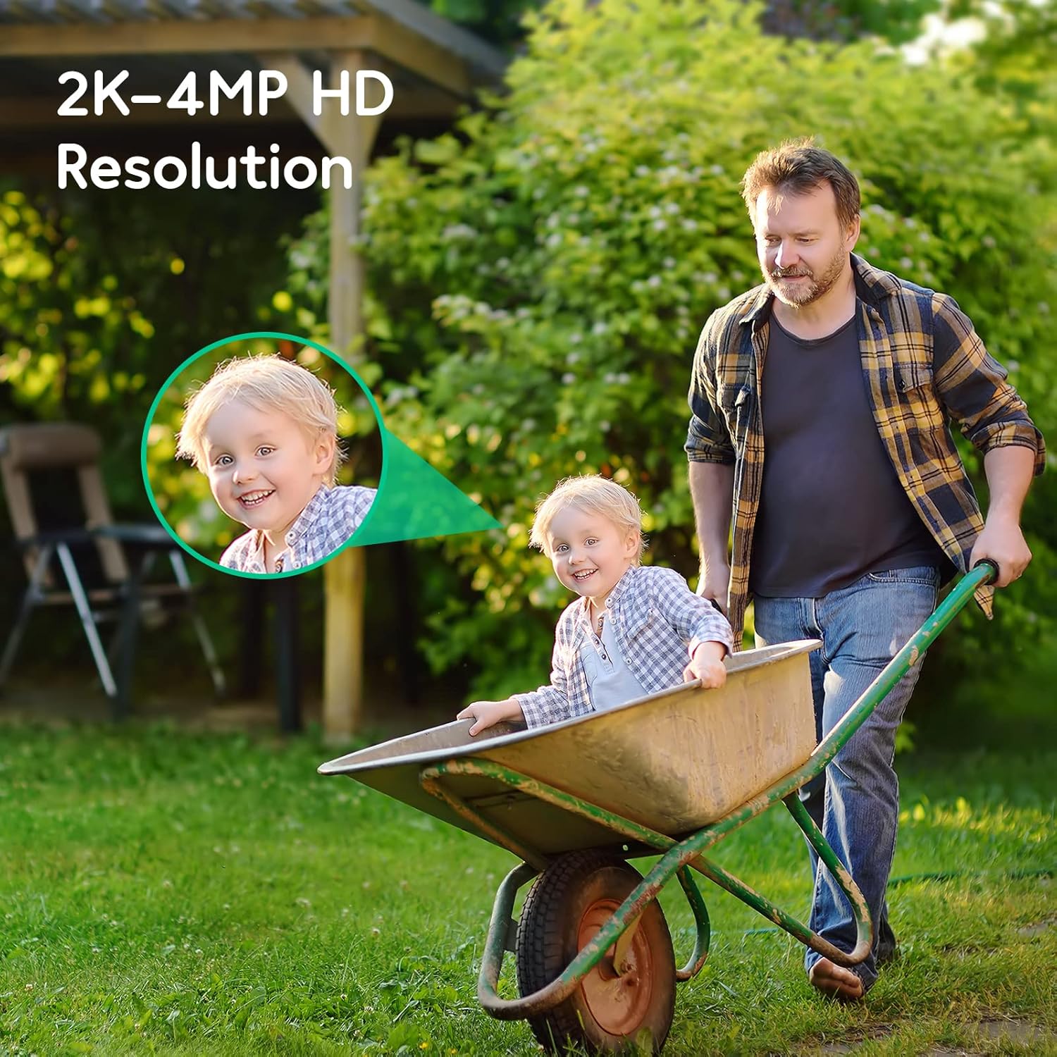Child in wheelbarrow with 2K-4MP HD Resolution overlay