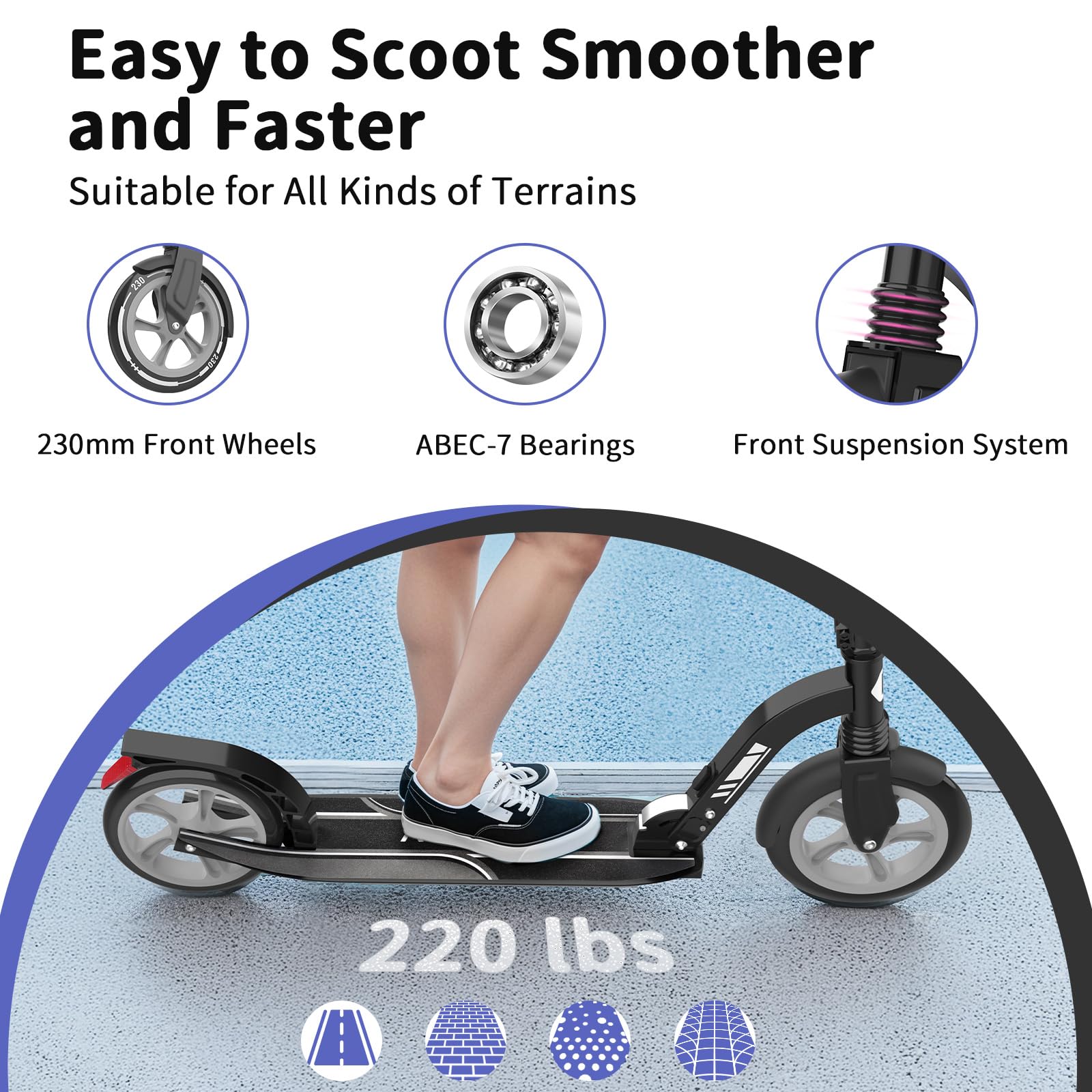 BELEEV Monopattini bambini 2 Ruote Pieghevole con LED Illuminate Deck, Ruote Grandi 230mm, 5 Altezza Regolabile, Cinghia di Trasporto Big Wheels City Scooter per 6+ Bambini e adulti fino 100 kg