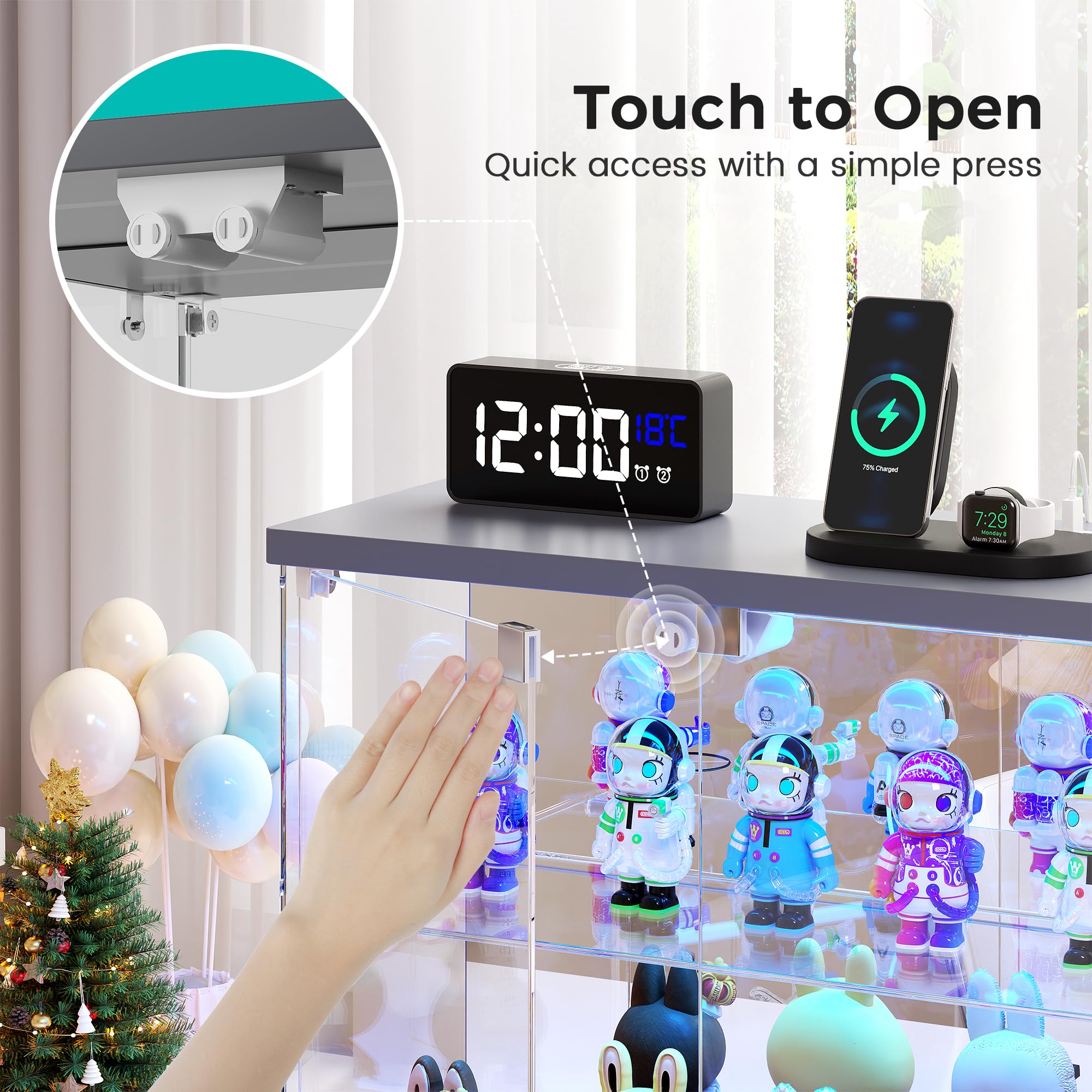 FREDEES Vitrina de cristal transparente con luz LED, compacta de 2 niveles con estación de carga y sensor de movimiento, para figuras de acción, coleccionables, modelos de coche y perfume, color gris