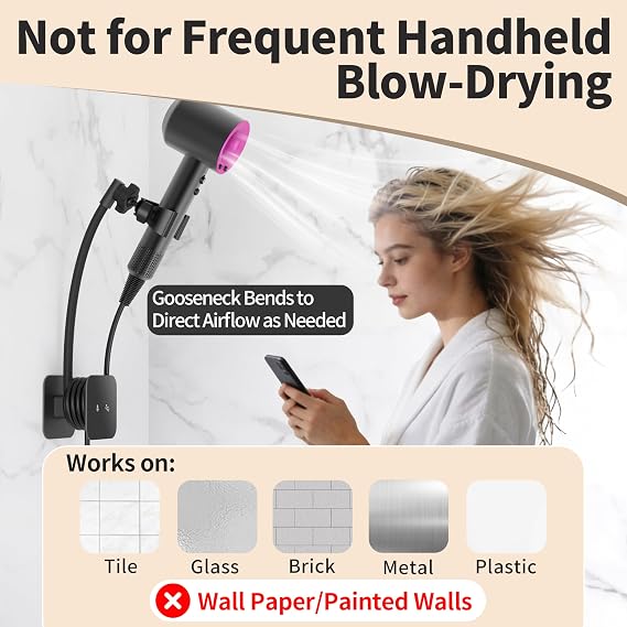 AGVEE Hands Free Hair Dryer Holder Wall Mount, Permanent No Drill Blow Dryer Stand with Strong Clamp, Adjustable Lazy Hair Dryer Bracket with Aluminum Cord Organizer, Black