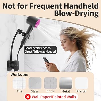 AGVEE Hands Free Hair Dryer Holder Wall Mount, Permanent No Drill Blow Dryer Stand with Strong Clamp, Adjustable Lazy Hair Dryer Bracket with Aluminum Cord Organizer, Black