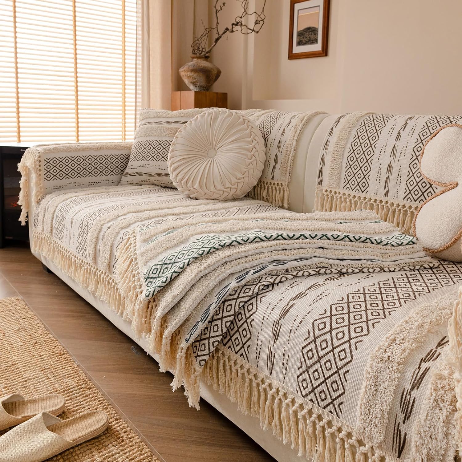 VClife Farmhouse Couch Cover for Sofa, Non Slip Washable Sofa Cover for Dogs, Bohemian Style Geometric Tufted Slipcover, Pet Friendly Furniture Protector, Chocolate,35.4"x63"