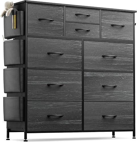 Miniatura 1 de Lulive 10 Drawer Dresser, Chest of Drawers for Bedroom with Side Pockets and Hooks, Fabric Storage Dresser, Sturdy Steel Frame, Wood Top, Organizer