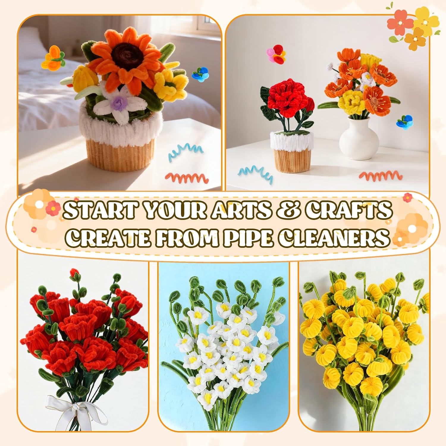 1000PCS Pipe Cleaners Flower Kit, Pipe Cleaner Bulk Craft Flower Making Kit with Instruction, 10 Colors Thick Chenille Stems for Arts DIY Craft Supplies with Gardening Tape, Floral Wires, Stamen image 5