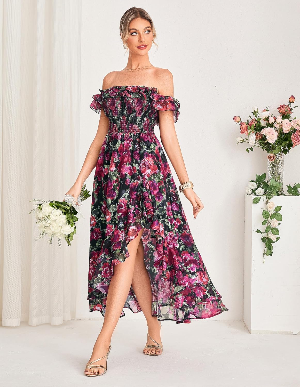 GRACE KARIN Women's Floral Print Maxi Dress Off Shoulder Smocked A Line Flowy Ruffle Wedding Guest Dresses with Pockets - Image 3