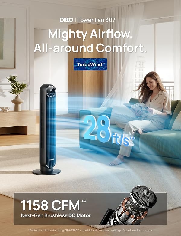 DREO Tower Fan for Bedroom, 2026 Upgraded DC Motor, 28ft/s High Velocity, 20dB Ultra Quiet Standing Fan, 8 Speeds 4 Modes, 90° Oscillating Bladeless Fan for Indoors, Floor Fans with Remote, Black by DREO - Image 2