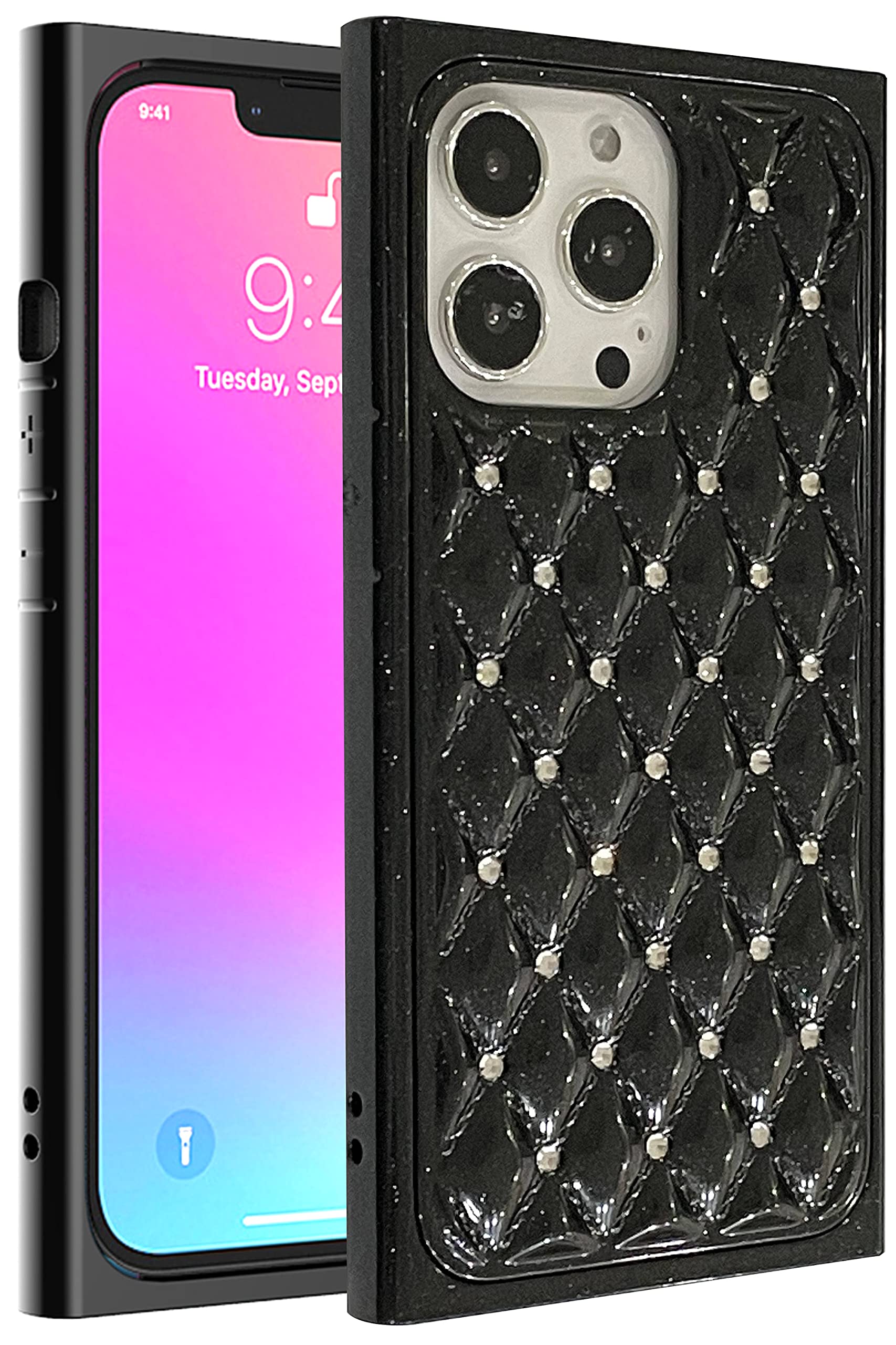 Ivachell Compatible with iPhone 13 Pro case Square Luxury Hard Plastic Cases for Girls Women Girly Glitter Rectangle 13pro iPhone13Pro 5g Bumper Cover 6.1 inch (Black)