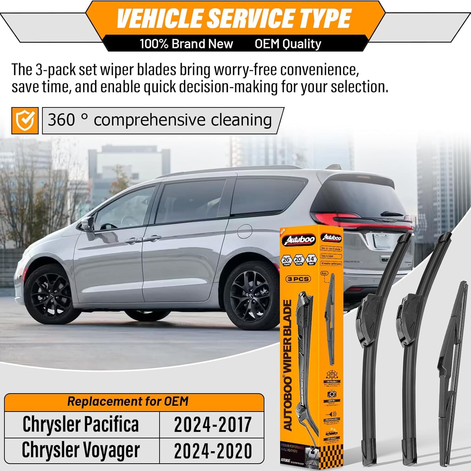 AUTOBOO 26"+20" Windshield Wipers with 14" Rear Wiper Blade Replacement for Chrysler Pacifica Voyager 2017 2018 2019 2020 2021 2022 2023 2024-Original Factory Quality (Pack of 3) 26+20+14