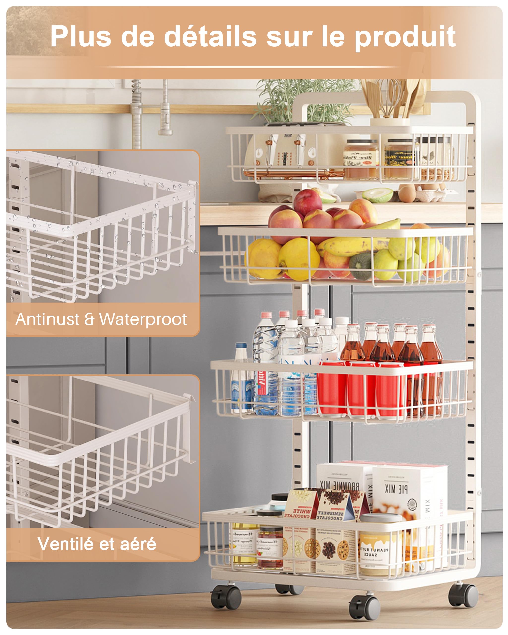 UMDONX Chariot de Cuisine Métallique 4 étages, Desserte de Service à roulettes, Panier de Fruits et Légumes pour Cuisine Chambre Salon Bain, Blanc 42 x 32 x 87 CM