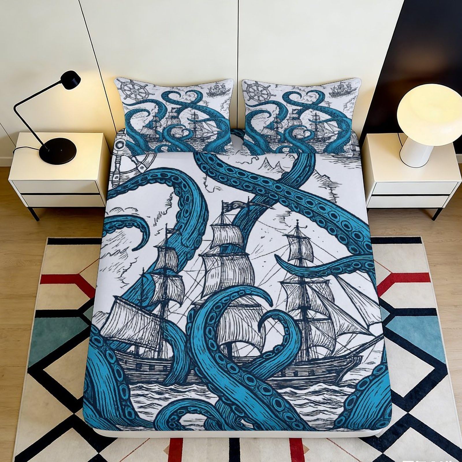 3D Printed Ocean Octopus Fitted Sheet Microfiber Deep Pocket Non-Slip Bedroom Bedding Octopus Mattress Fitted Cover Washable 200x200x25cm 90x200x25cm