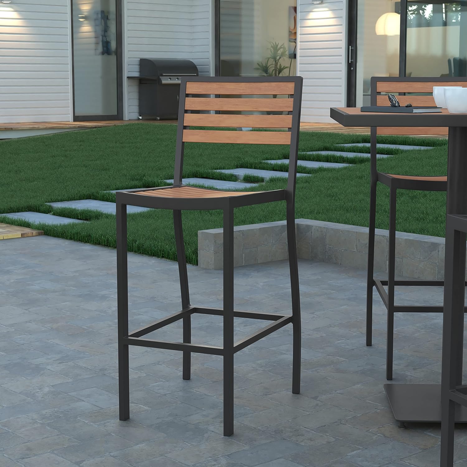 EMMA + OLIVER Livia All-Weather Armless Bar Height Dining Stool - Faux Teak Polyresin Slats - Aluminum Frame - for Indoor/Outdoor Use