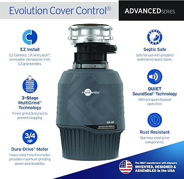 InSinkErator Evolution Cover Control 3/4 HP Garbage Disposal, Advanced Series EZ Connect Batch Feed Food Waste Disposer