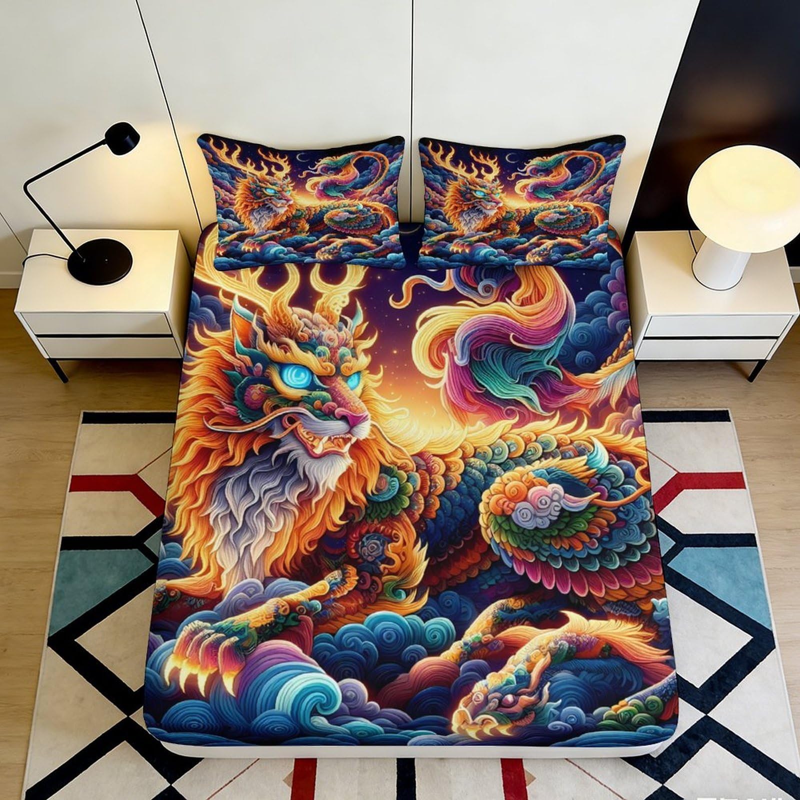 3D Printed Vibrant Dragon Fitted Sheet Microfiber Soft Multicolour Cloud Mattress Cover for Bedroom Decor Dorm 90x200x25cm