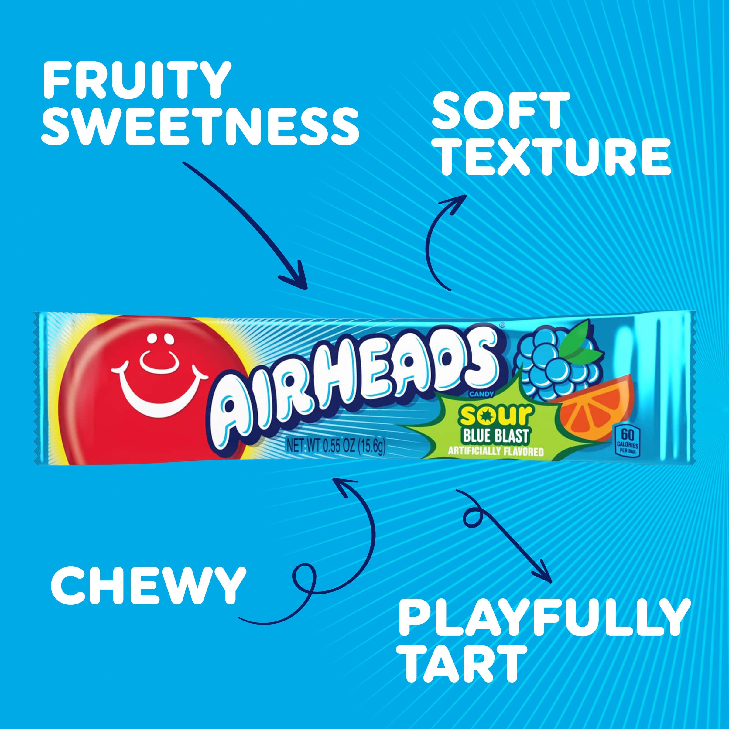 Airheads Barras de caramelo ácido, sabor a explosión azul, a granel, concesiones, fiestas, paquete de 36 barras
