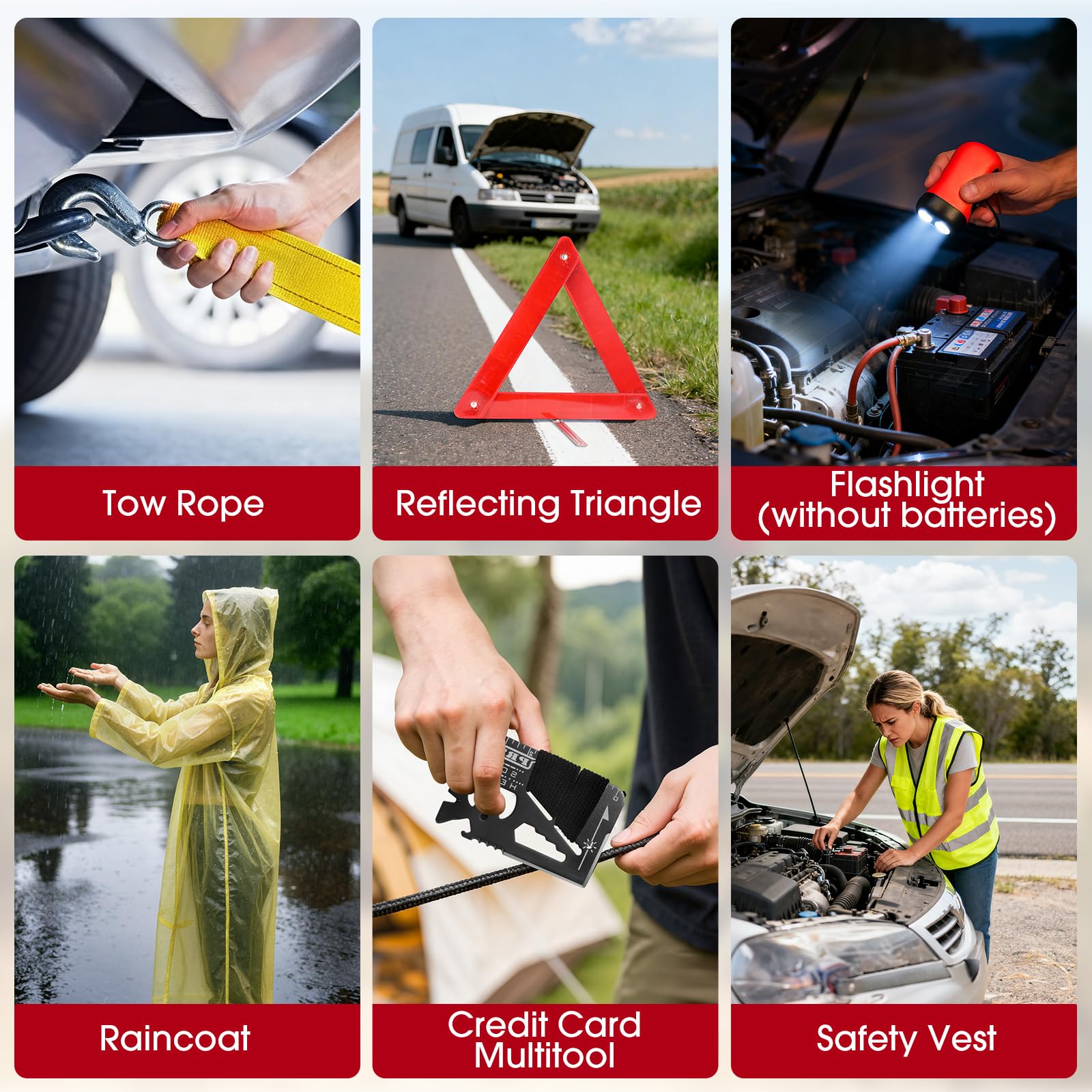 Car Emergency Kit - Roadside Assistance Kit with 10FT Jumper Cables, Tow Strap, Tool Kit, Reflective Warning Triangle, Road Trip Essentials, for New Drivers, Teens