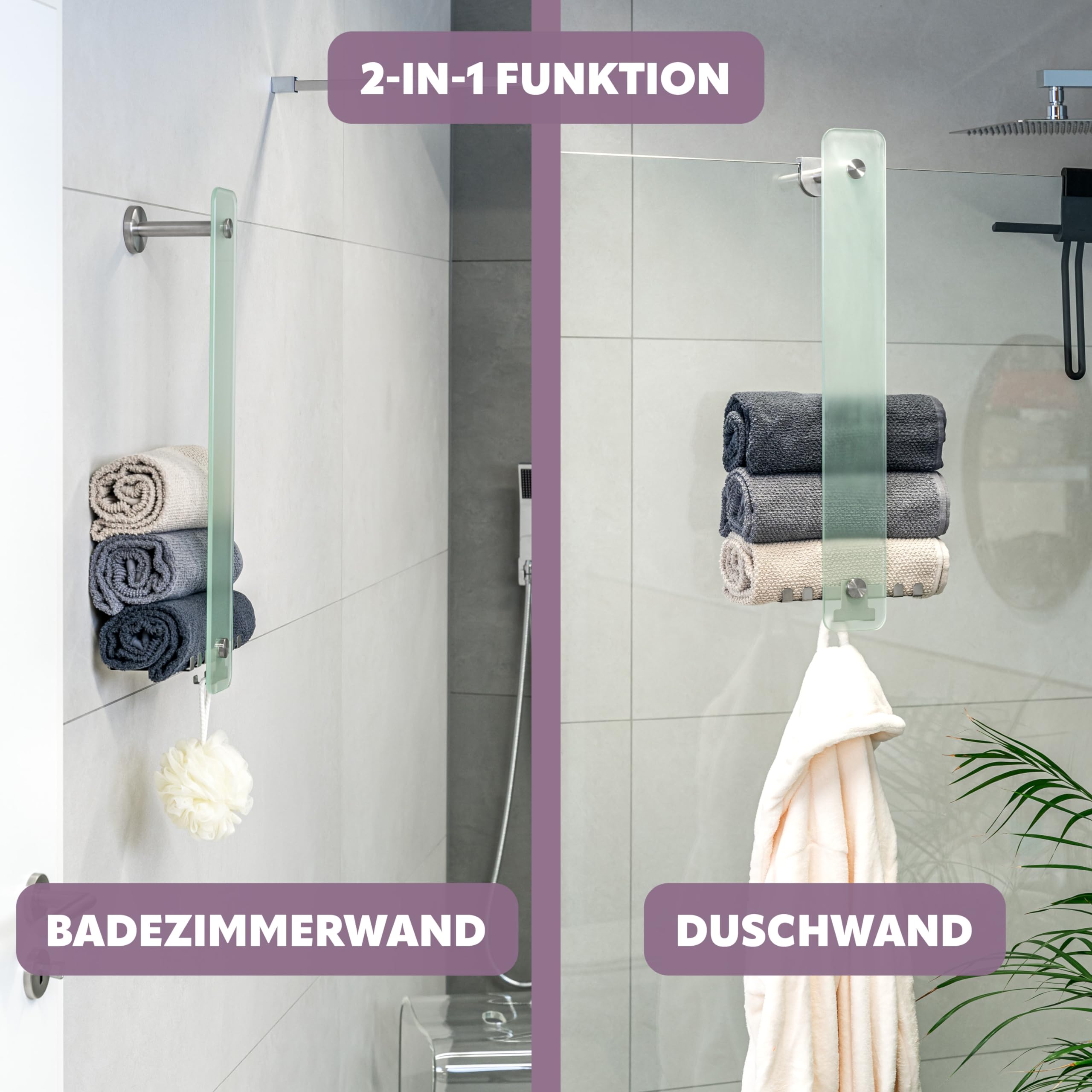 bremermann Bad-Serie Piazza - Glashandtuchhalter 2in1, zur Wandmontage oder Anbringung an der Glasduschwand, 6 zusätzliche Haken, passend für Handtücher und Gästetücher, aus Glas und Edelstahl, matt