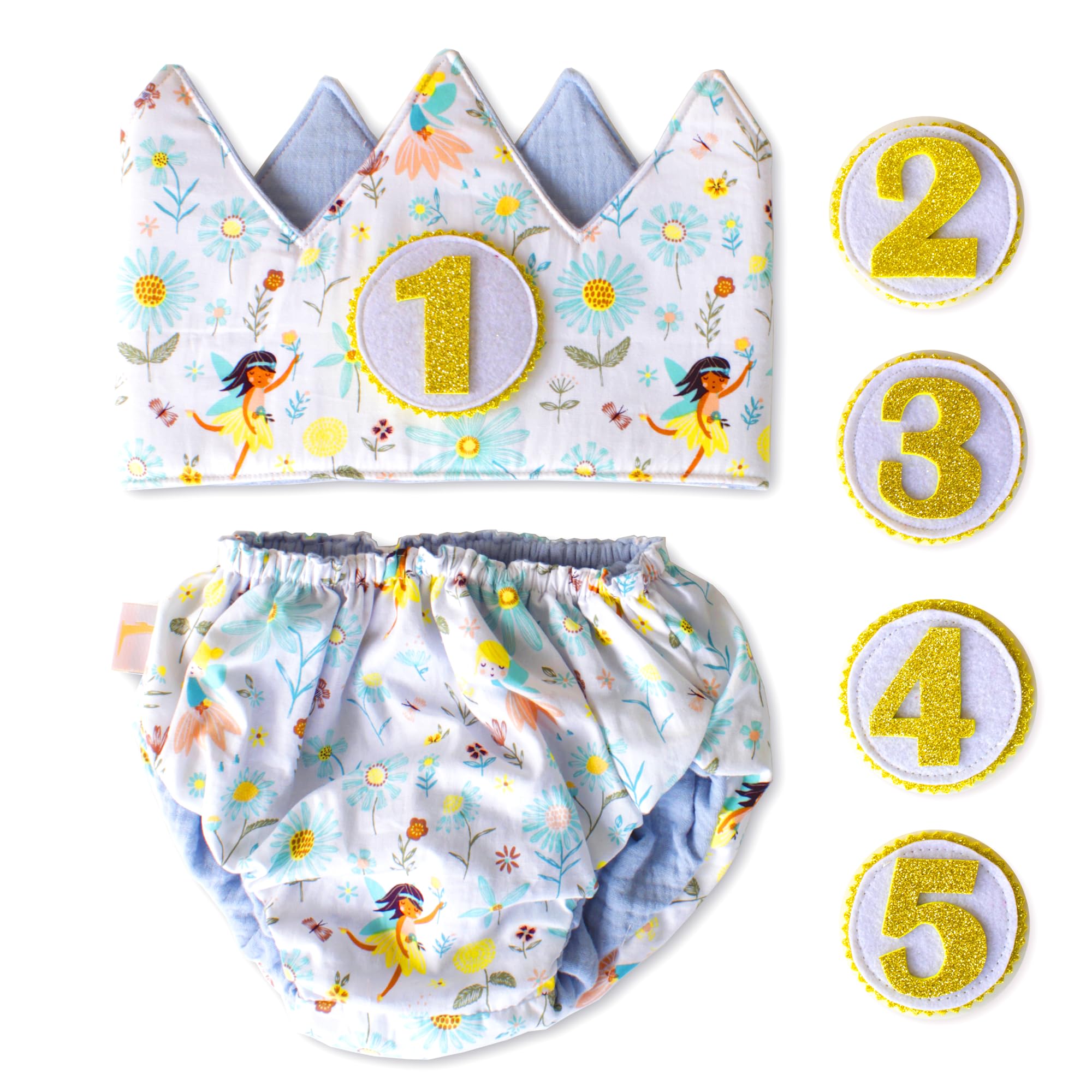 Surikatokids Conjunto Cumpleaños para Bebé de 1 año – Corona y Cubrepañal – Smash cake - Disfraz para sesiones de fotos de Cumpleaños – Colección Hadas 12-18 M