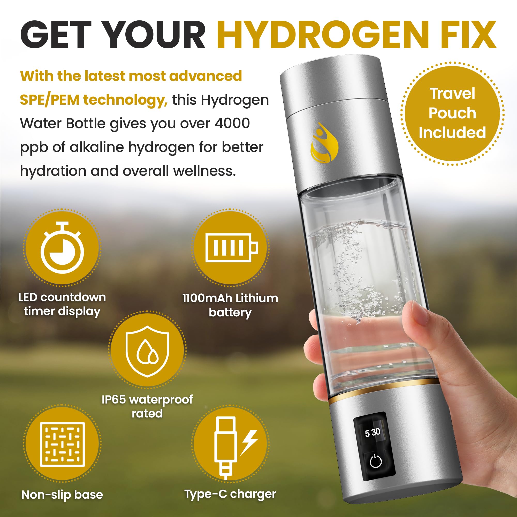 Generador de botellas de agua de hidrógeno - 4000+ ppb Máquina de agua alcalina de hidrógeno con tecnología 2025 SPE/PEM - Ionizador de 270 ml para el hogar, la oficina y los viajes