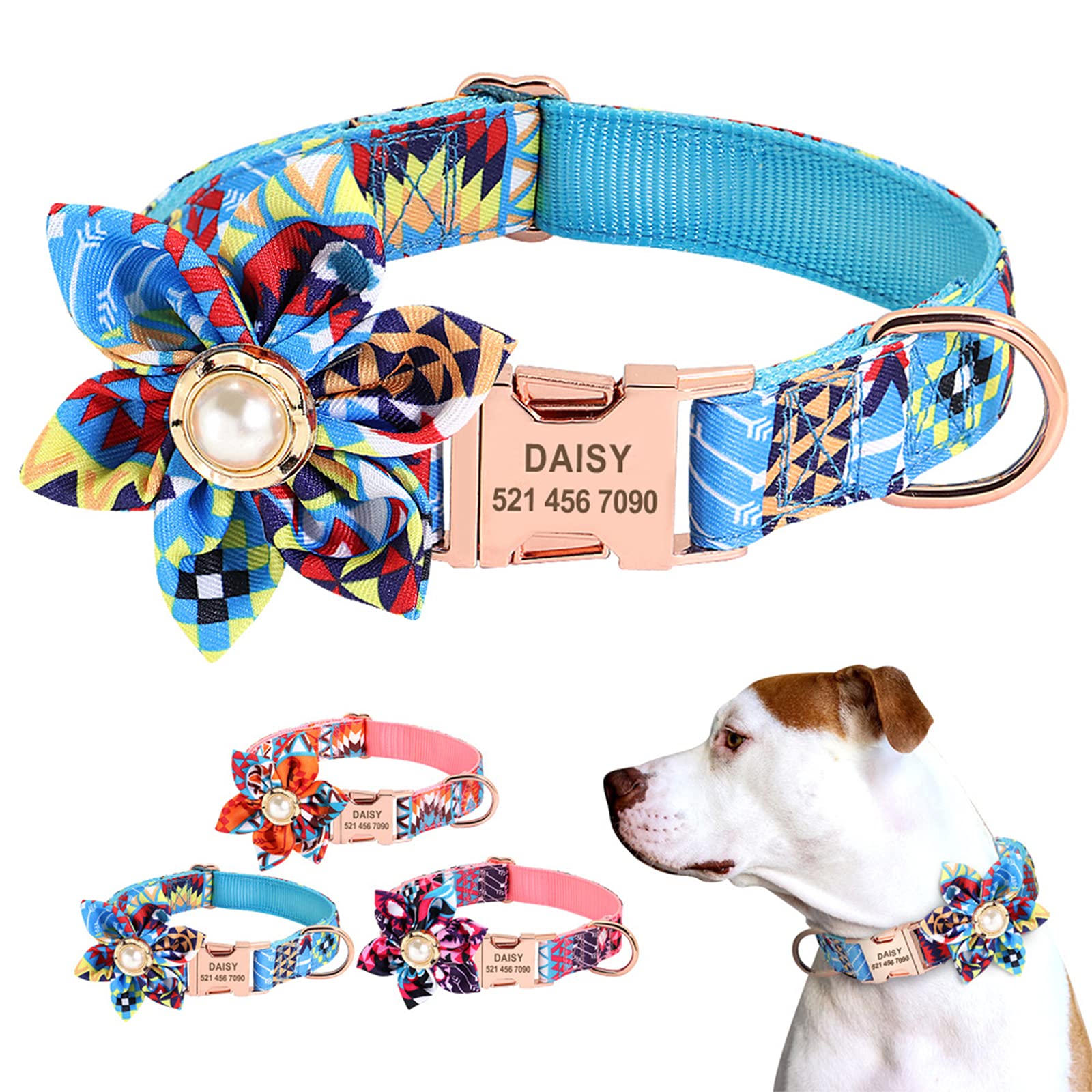 PETCARE Personalized Dog Collar with Flower Soft Nylon Custom Puppy Collars Engraved with Pet Name and Number Female Girl Dog Collars with Quick Release Buckle for Small Medium Large Dogs Cats
