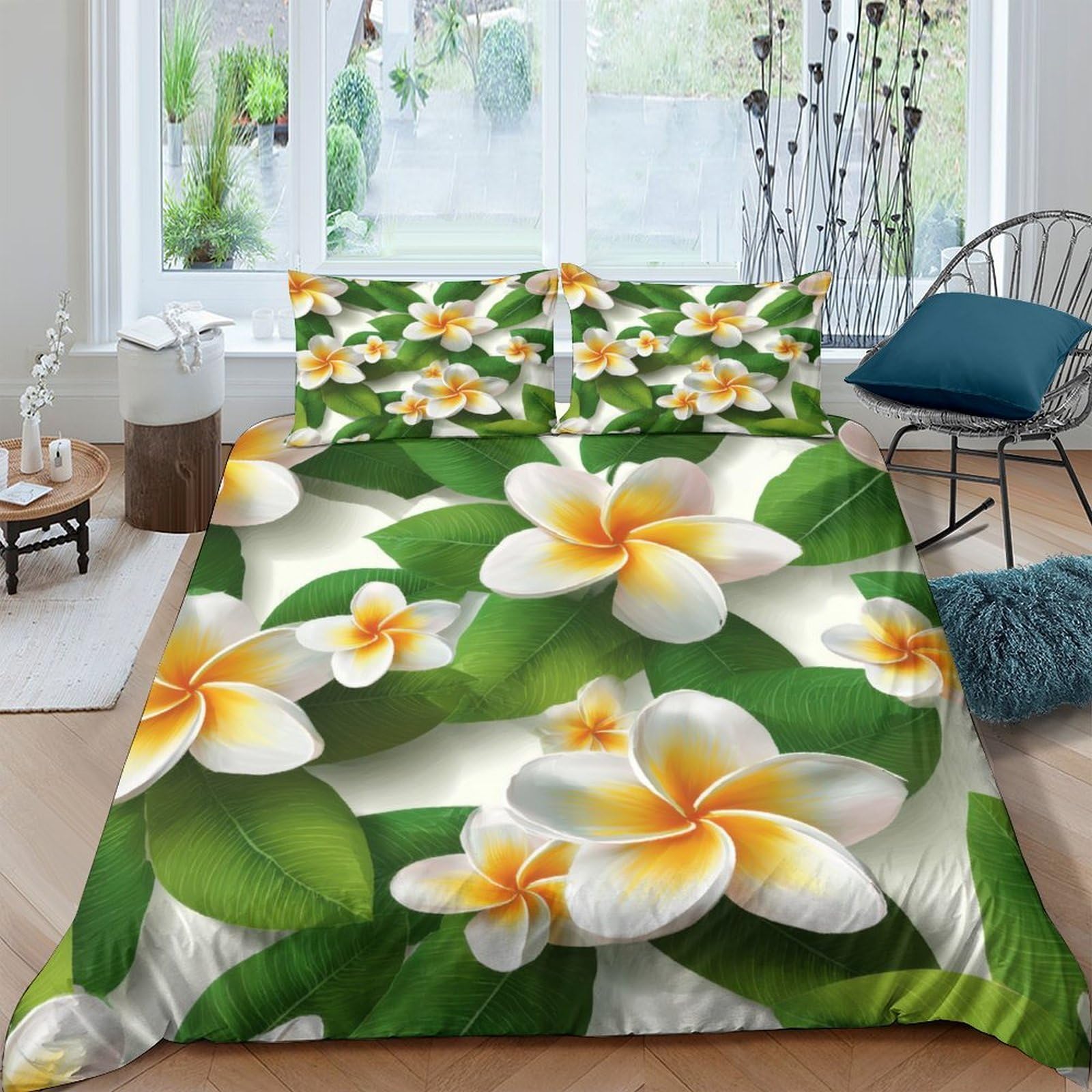 Ctjqhvkz Style-4 3D Printed Frangipani Blossom Fitted Sheet Microfiber Green Leaf Bed Cover Soft Washable Bedroom Decor Single（135X200cm）
