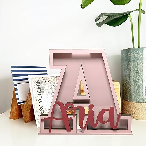 Miniatura 6 de Personalized Name Letter Piggy Bank, 26 Letters Wooden Kids Piggy Bank for Birthday, Custom Large Small Wood Money Box Gift for Boys Girls Christmas