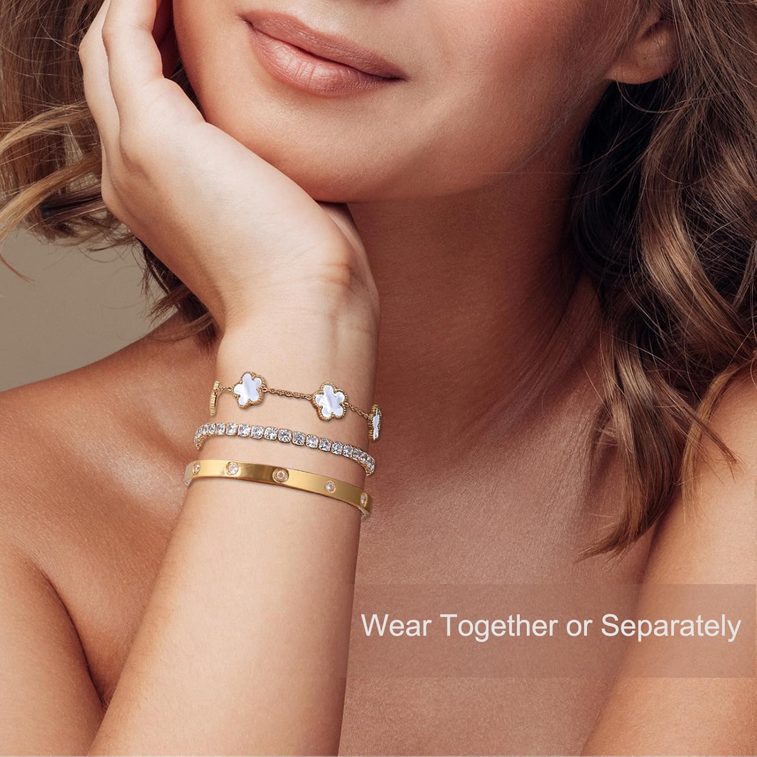 YOUNGGRACE 18K Gold Plated Bracelet Sets for Women - 3PCS Stackable Bracelets Including Bangle, Tennis Chain & Four Leaf Clover Bracelet, Elegant Gold Jewelry Set for Everyday Wear, Gift for Her - Image 2