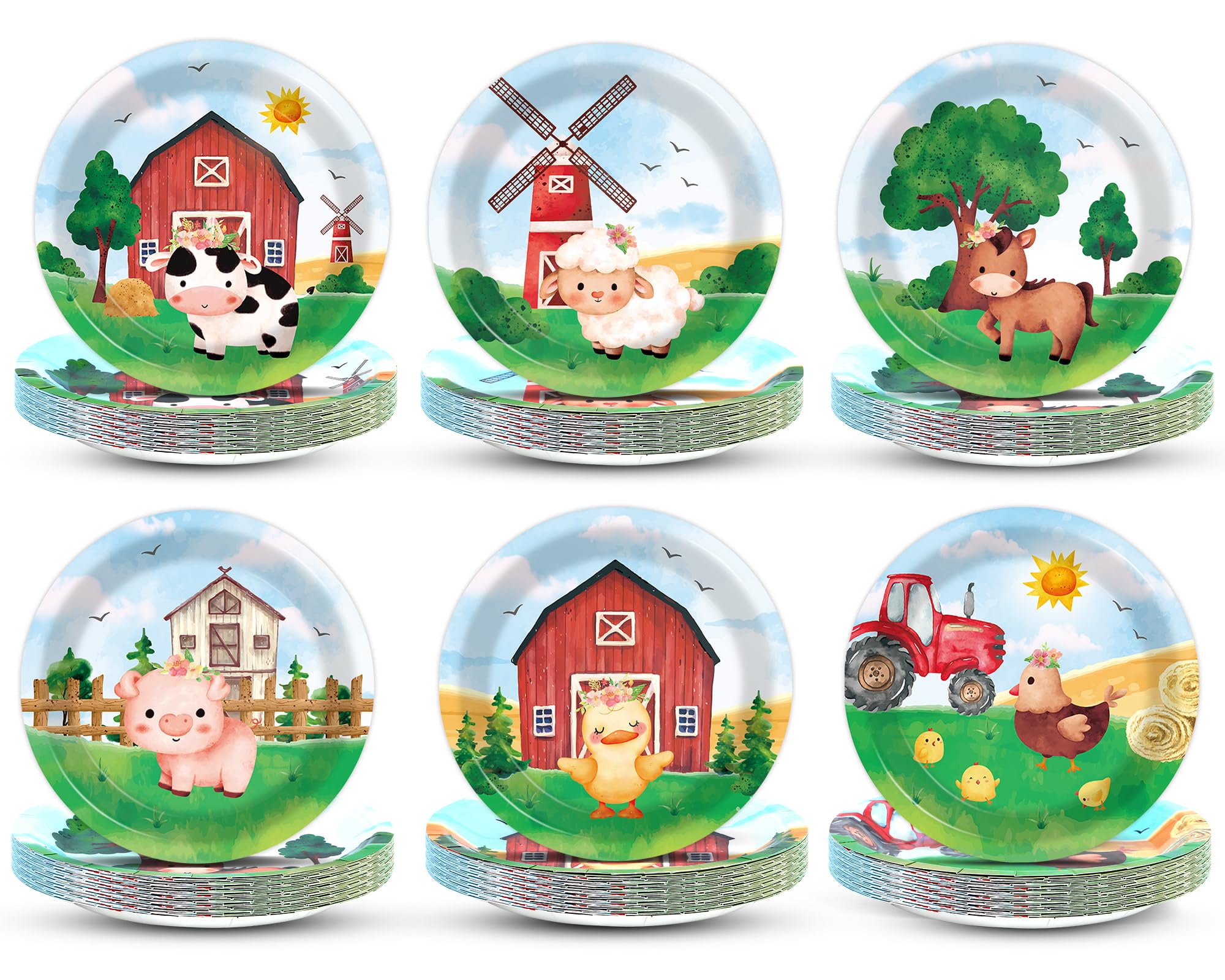 60Pcs Farm Animal Plates 7” Farmhouse Barnyard Large Disposable Paper Plates Farm Zoo Birthday Party Decorations Supplies for Kids Boys Girls Dessert
