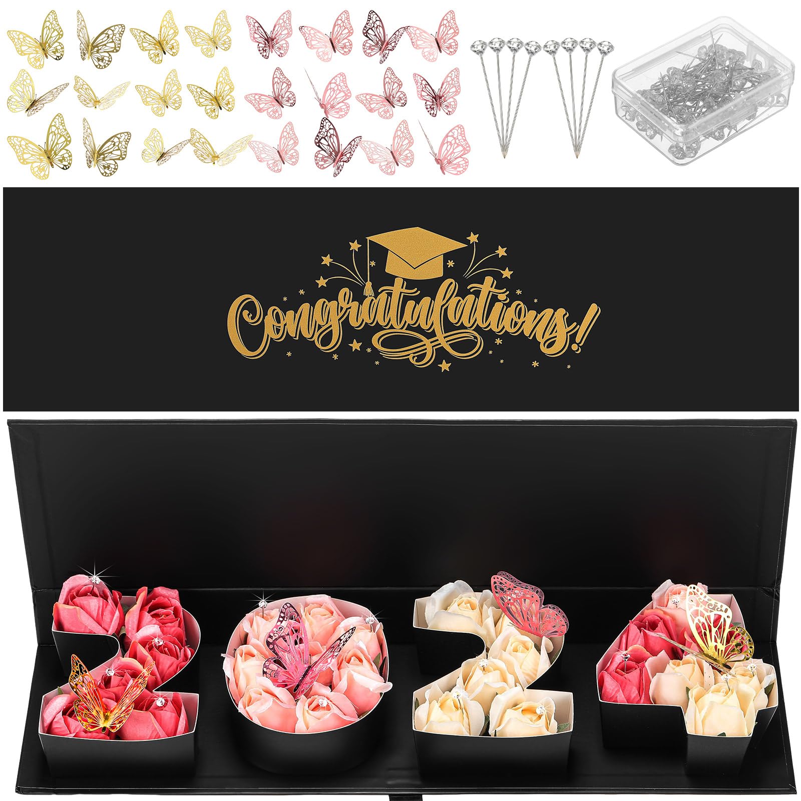 Weekgrat 2024 Graduation Empty Flower Gift Box Number Shaped Fillable Box with Liners 24 Gold Butterfly Decor 50 Bouquet Flower Pins DIY Craft Gift Set for Graduation Gift