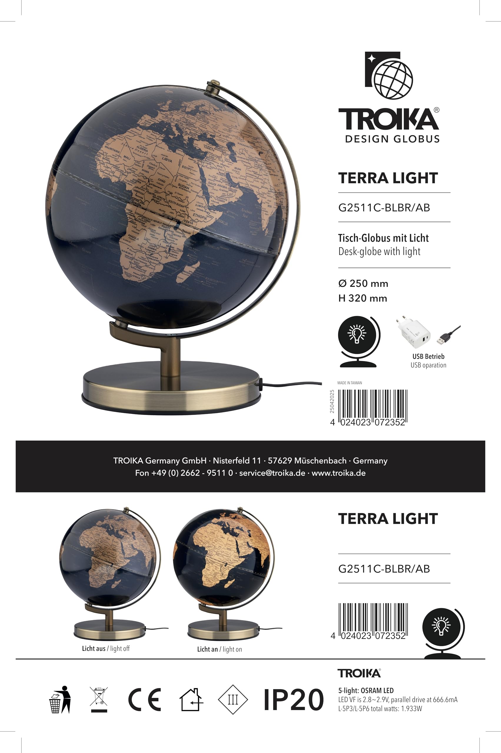 TROIKA Globus beleuchtet 25 cm TERRA LIGHT Licht LED Globus auf antikgoldfarbenem gebürsteten Metallfuß inkl. Ladestecker weicher Filzboden bewegliche Achse in bronzefarben, dunkelblau