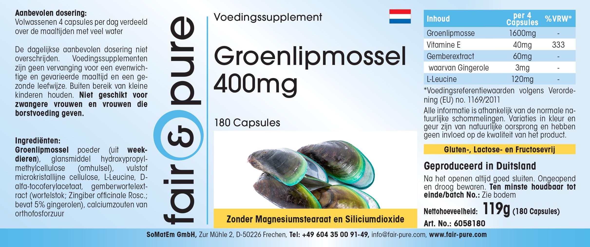 Fair & Pure® - Moule verte 400mg - poudre de moule verte de Nouvelle Zélande - 180 gélules de moule verte