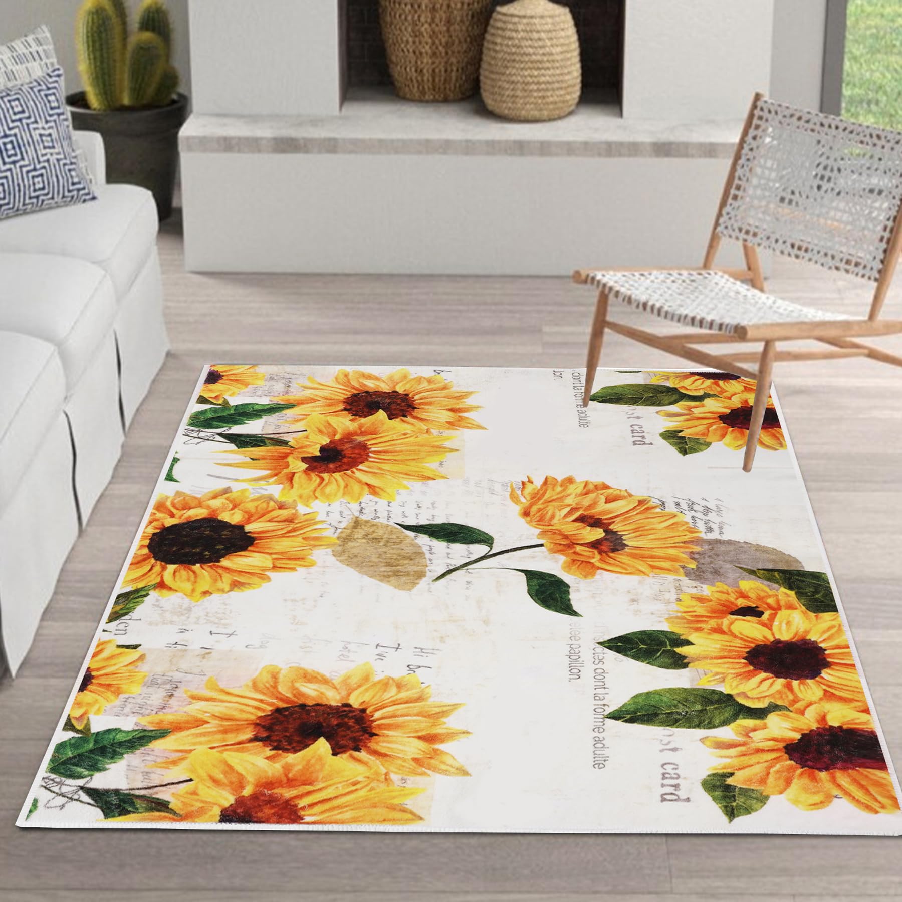 Sunflower Area Rug, 3' x 5' Non-Slip Washable Bedroom Rug, Small Indoor Vintage Oil Painting Artwork Rugs for Living Room Dining Table Entryway