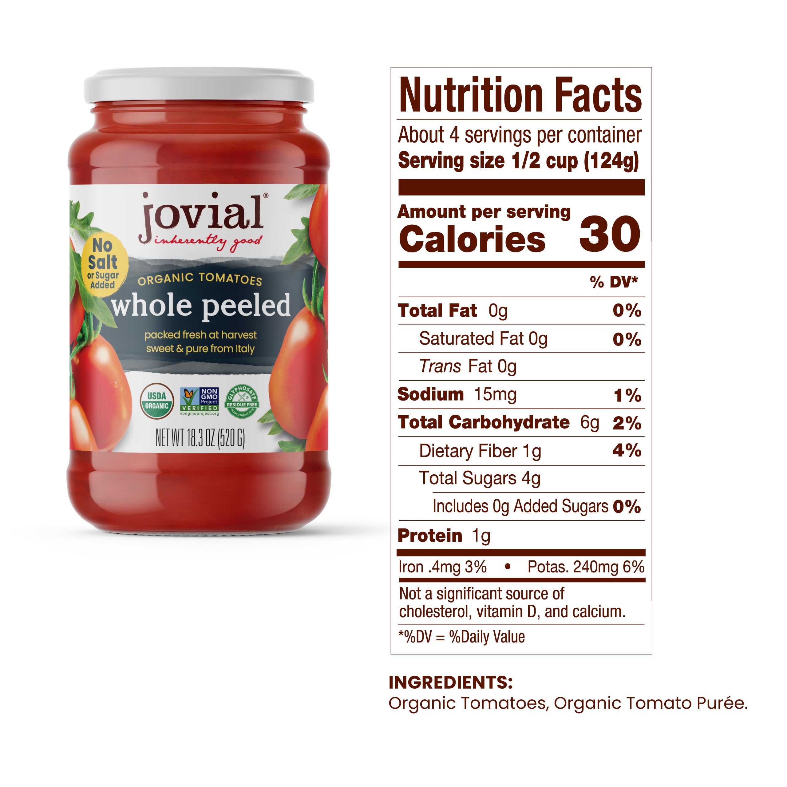 Jovial Whole Peeled Tomatoes - Organic Tomatoes, Non-Gmo, Usda Certified Organic, No Additives, Bpa-Free, No Added Sugar, No Salt Added, Recyclable Glass, Made In Italy - 18.3 Oz, 6 Pack