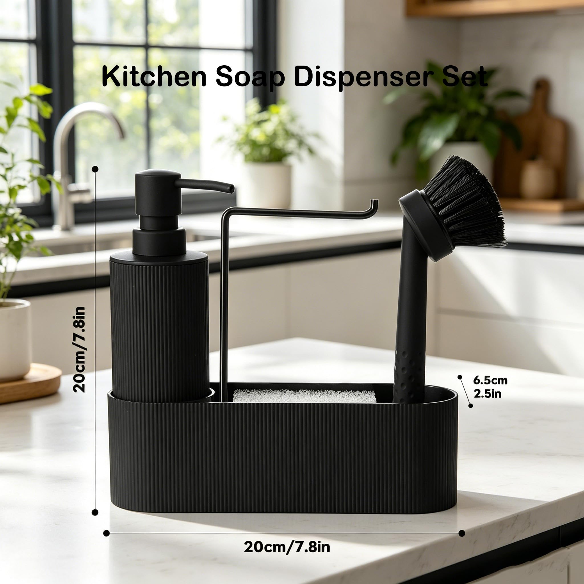 GAHEFY Seifen und Spülmittelspender Set für Küchen mit Seifenspender Spülbürste Schwamm Spültuchhalter, Badezimmer Seifenspender Set für Bad, Küchen Organizer Spüle Schmal (Schwarz)