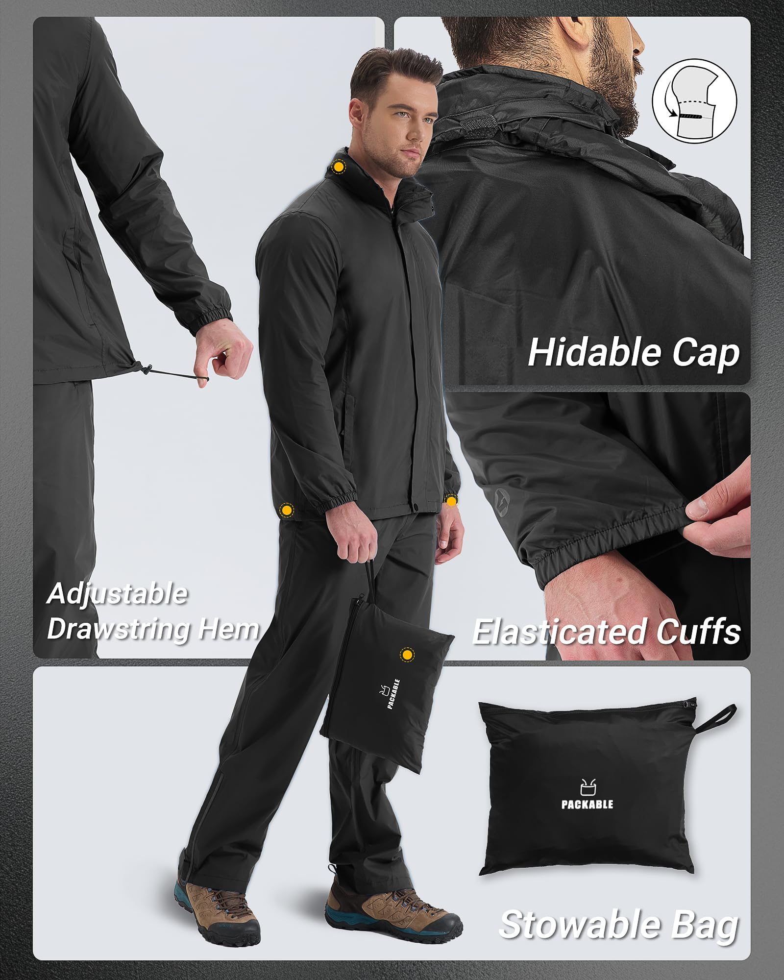 Traje impermeable reflectante para hombre, impermeable al aire libre, chaqueta de lluvia a prueba de viento+pantalones de lluvia transpirable para pesca, senderismo, camping