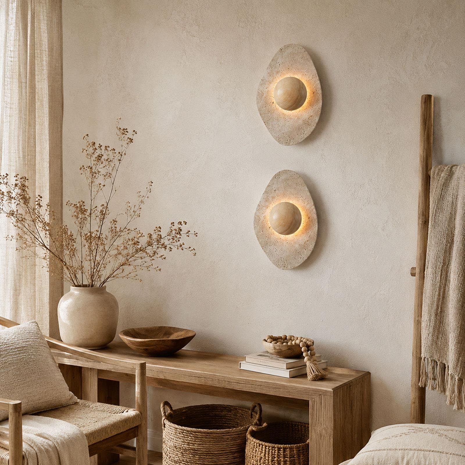 7W LED lampada muro pietra naturale, centro legno massello