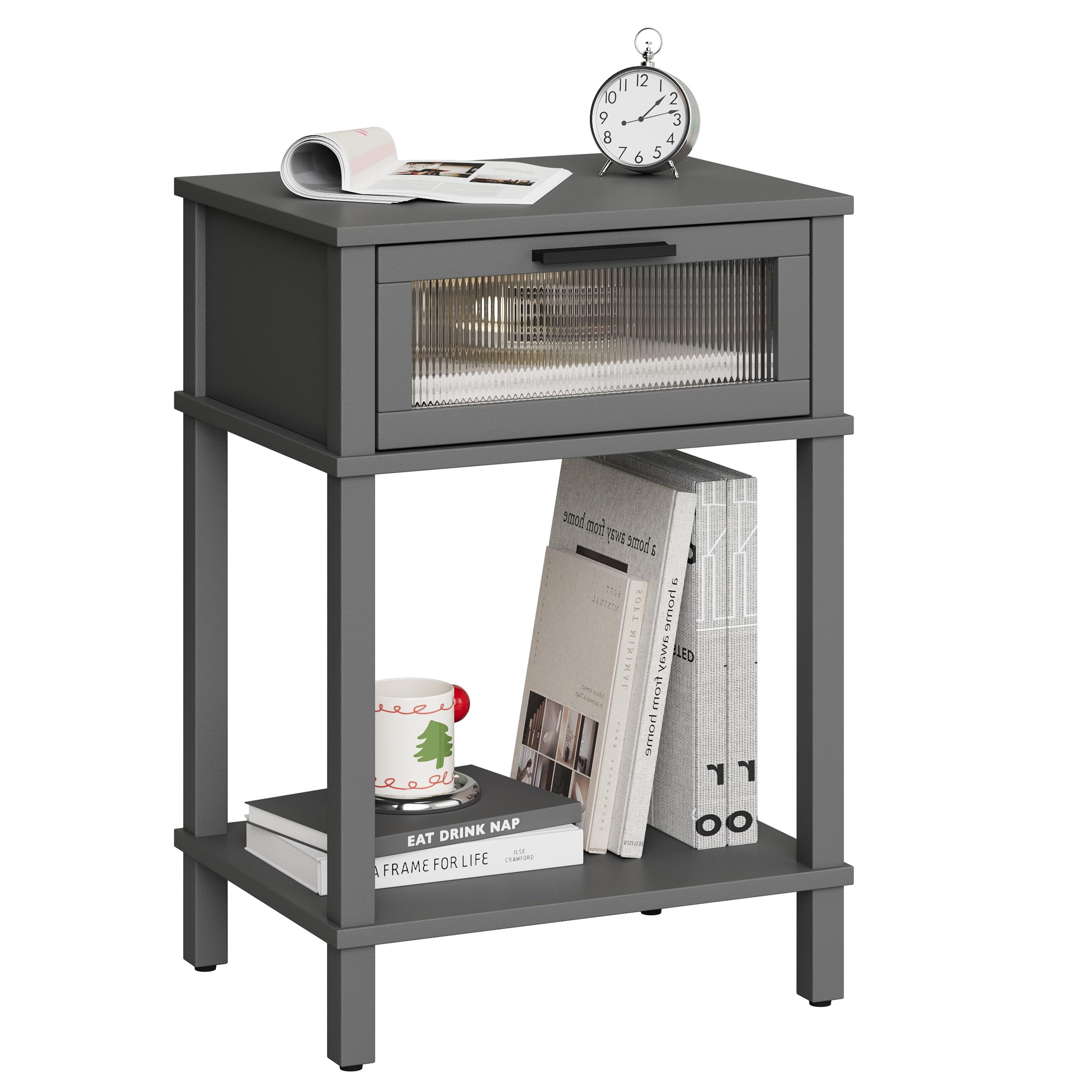 Photo 1 of Nightstand Wooden Bedside Table with Drawer Grey Night Stands Modern Style Small End Table Side Table with Storage Shelf for Bedroom Living Room MLBZ10G