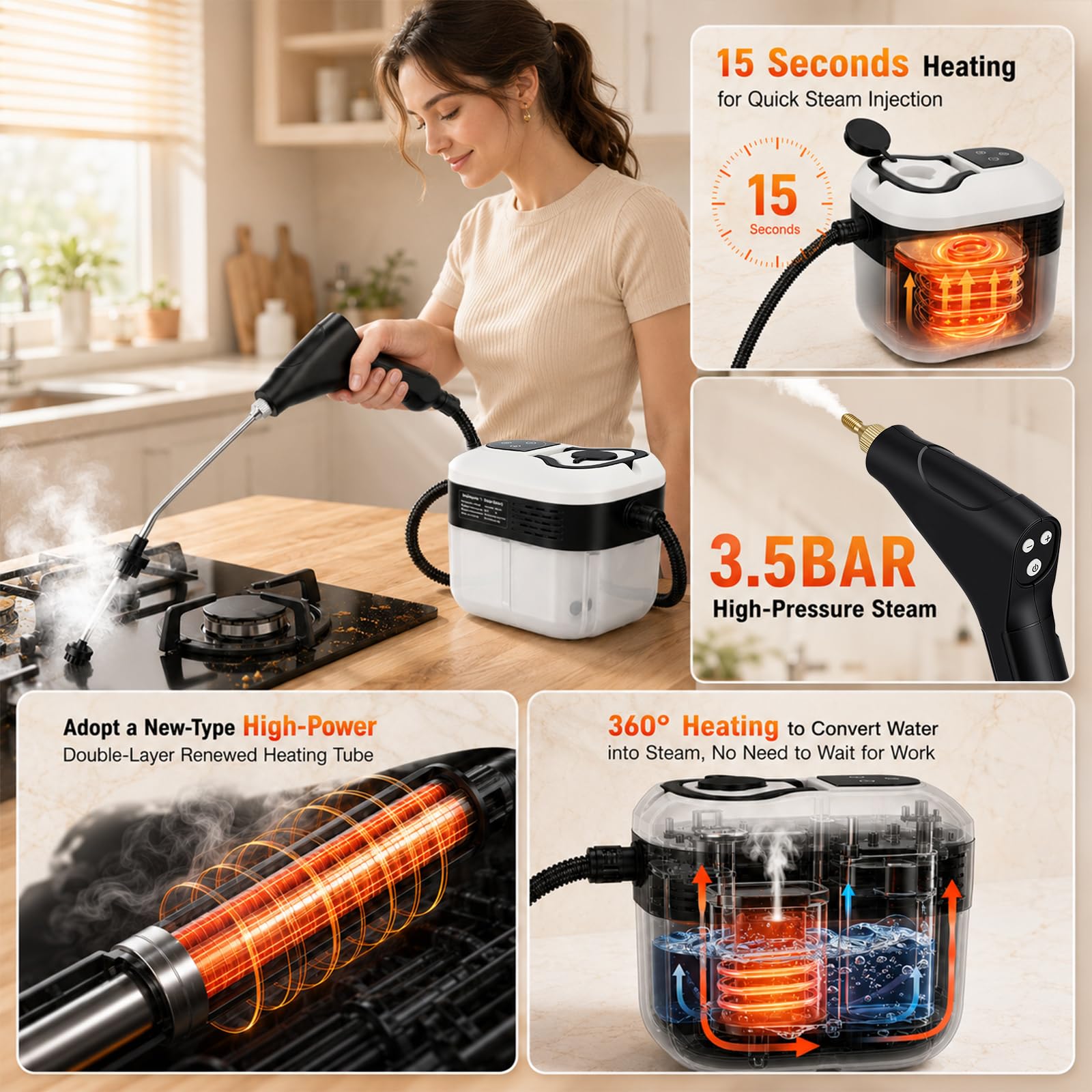 2500W Dampfreiniger Handheld mit 4,5 Bar Hochdruck & 1500ml Tank - 6 Dampfstufen, 15s Schnellheizung für Küche, Bad, Auto, Polster & Böden - Chemiefreie Tiefenreinigung