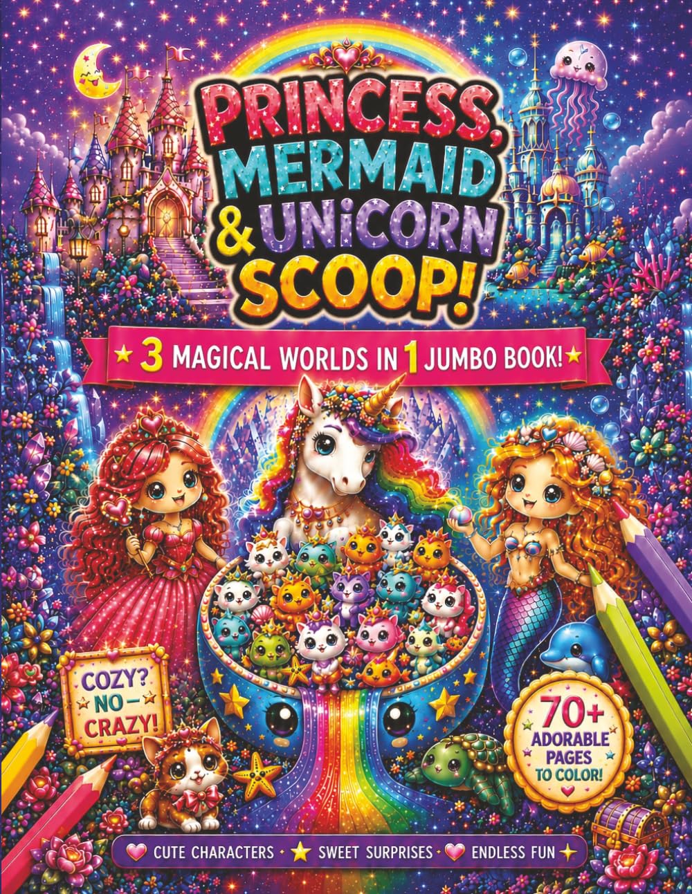 Princess, Mermaid & Unicorn Scoop! Jumbo 3-in-1 Coloring Book: 70+ Adorable Pages Filled with Cute Characters, Magical Surprises & Crazy Scoop Fun for ... Series of Coloring Books. 'Crazy Not Cozy'!)