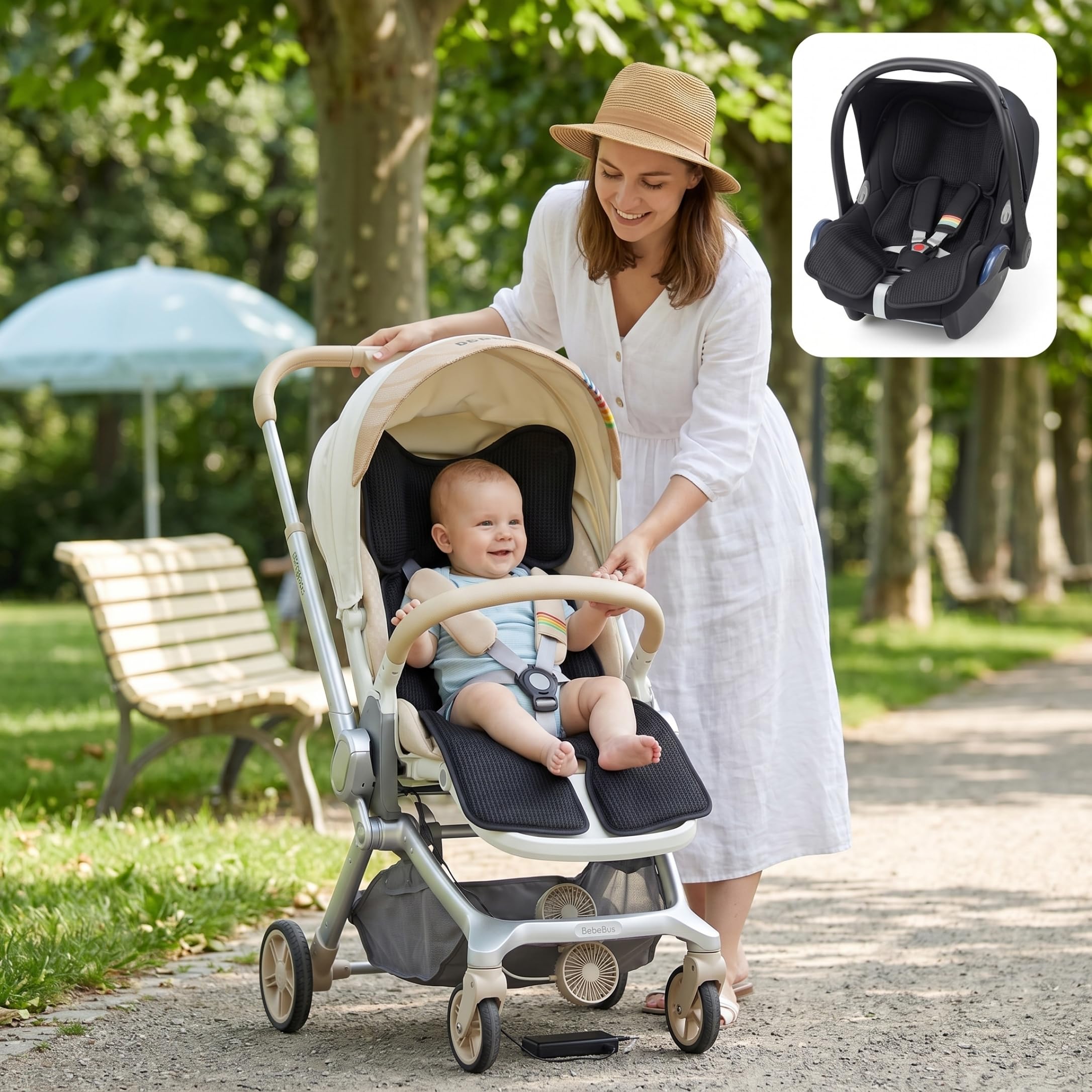 Tappetino di raffreddamento per passeggino, 32 × 15 pollici Tappetino di raffreddamento per bambini 3 velocità e 4 ventilatore incorporato Cuscino di ventilazione alimentato tramite USB Elementi