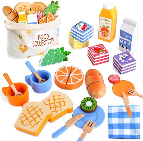 Juego de picnic para niños, comida de juego de simulación para niños pequeños de 1 a 3 años, 24 piezas de juegos de comida de madera para niños con