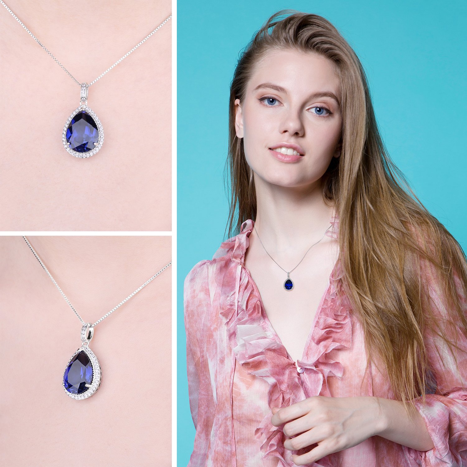 JewelryPalace Collar Halo Mujer Plata con 10.9ct Colgante Zafiro Azul Creado Corte Pera en Cadena de Caja 45cm, Plata de Ley 925, Niña con Piedra Preciosa, Conjunto Joyas Mujer
