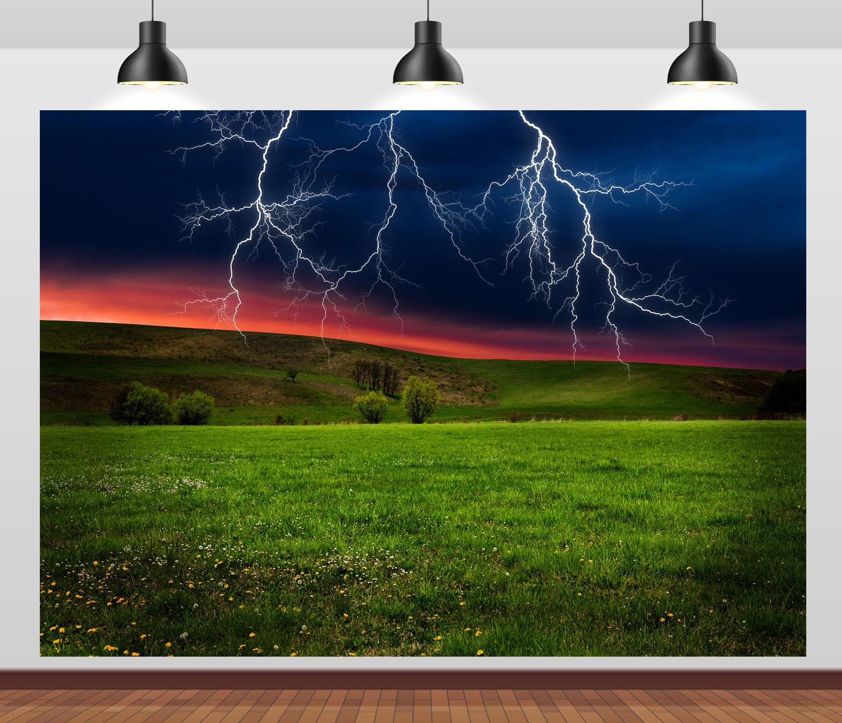 17x10FT (5.2x3m) Tempesta Di Fulmini Su Prato Verde Sfondo Fotografico | Tempo Drammatico In Campagna Fondale In Tessuto,Molti Fulmini Bianchi,Per Eventi Meteo E Ritratti Drammatici,Photo Booth